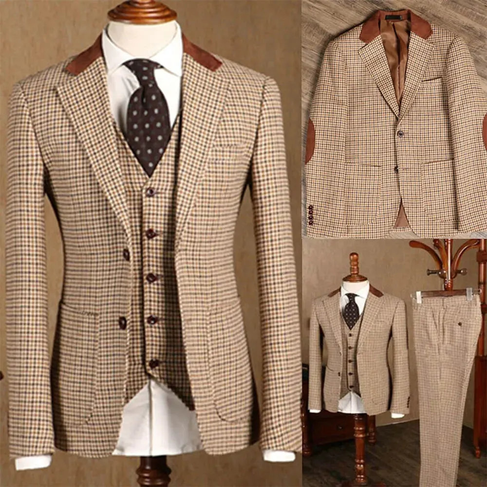 Aidase 3 Piece Formal Classic Plaid Suits for Men Slim Fit Groom Wedding Tuxedo Prom Business Casual Male Suit Jacket Vest with Pants