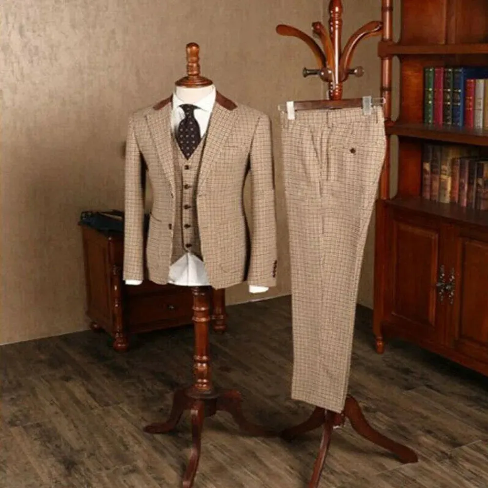 Aidase 3 Piece Formal Classic Plaid Suits for Men Slim Fit Groom Wedding Tuxedo Prom Business Casual Male Suit Jacket Vest with Pants