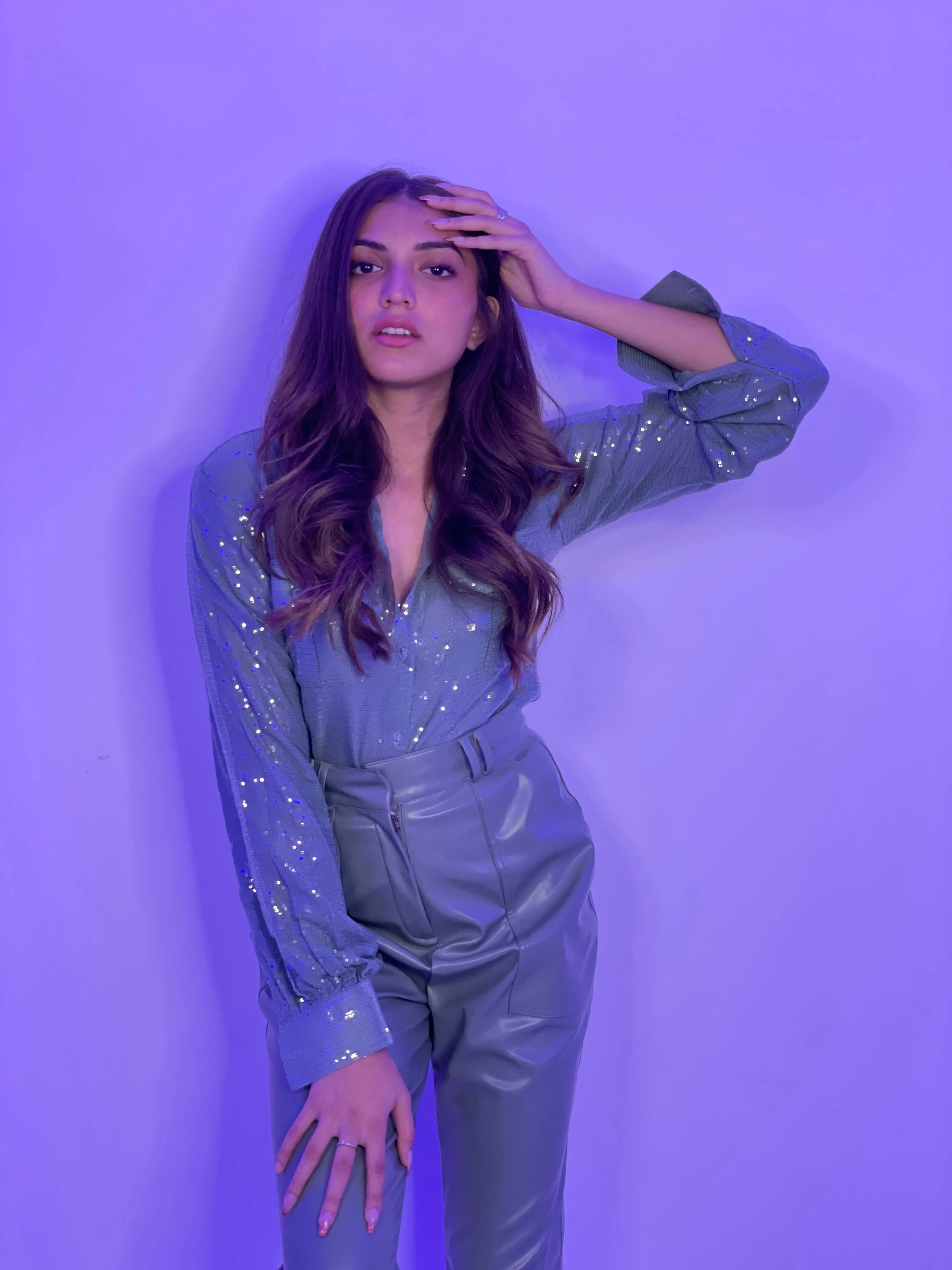 Aqua Sequins and Green Leather Co-ord Set