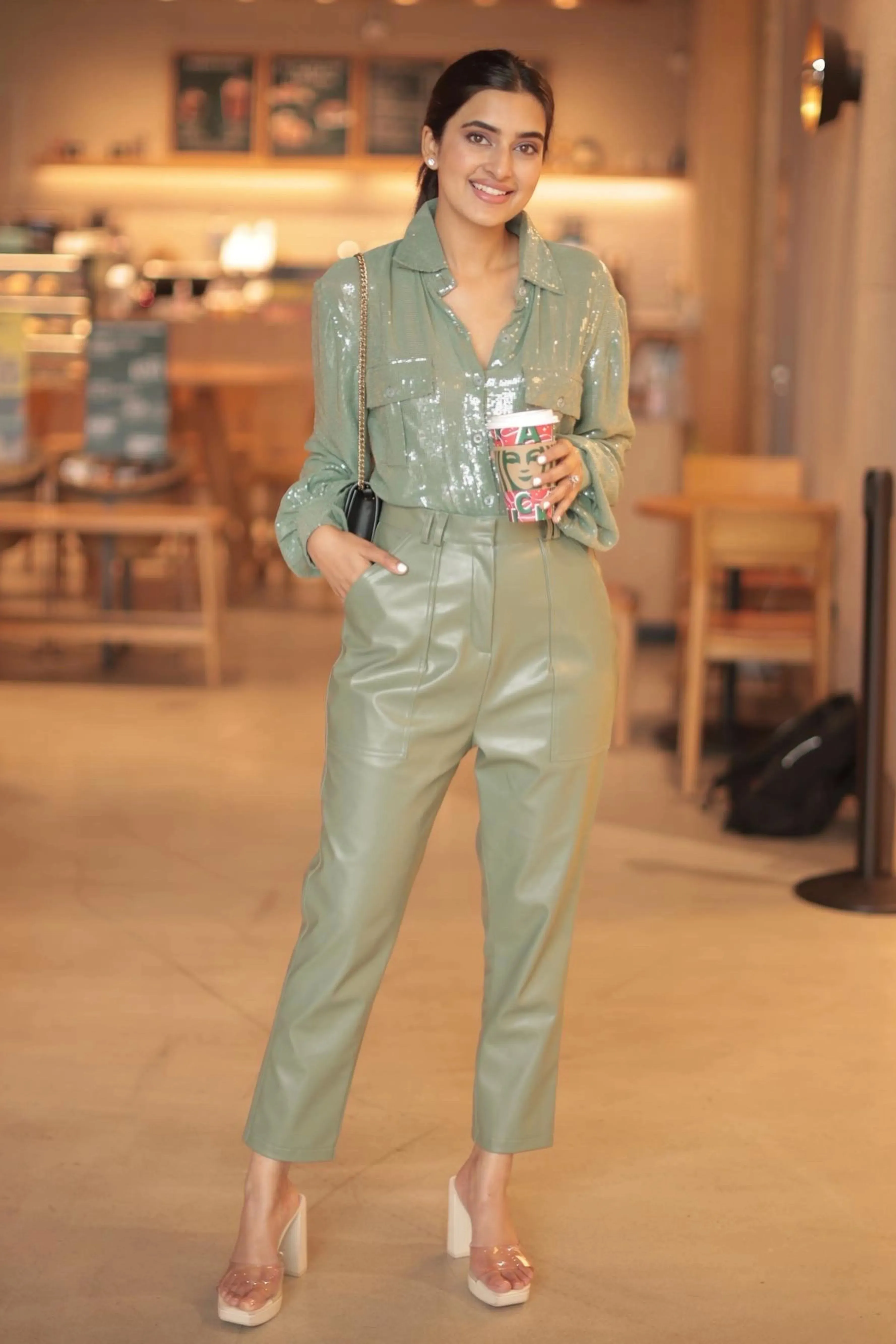 Aqua Sequins and Green Leather Co-ord Set