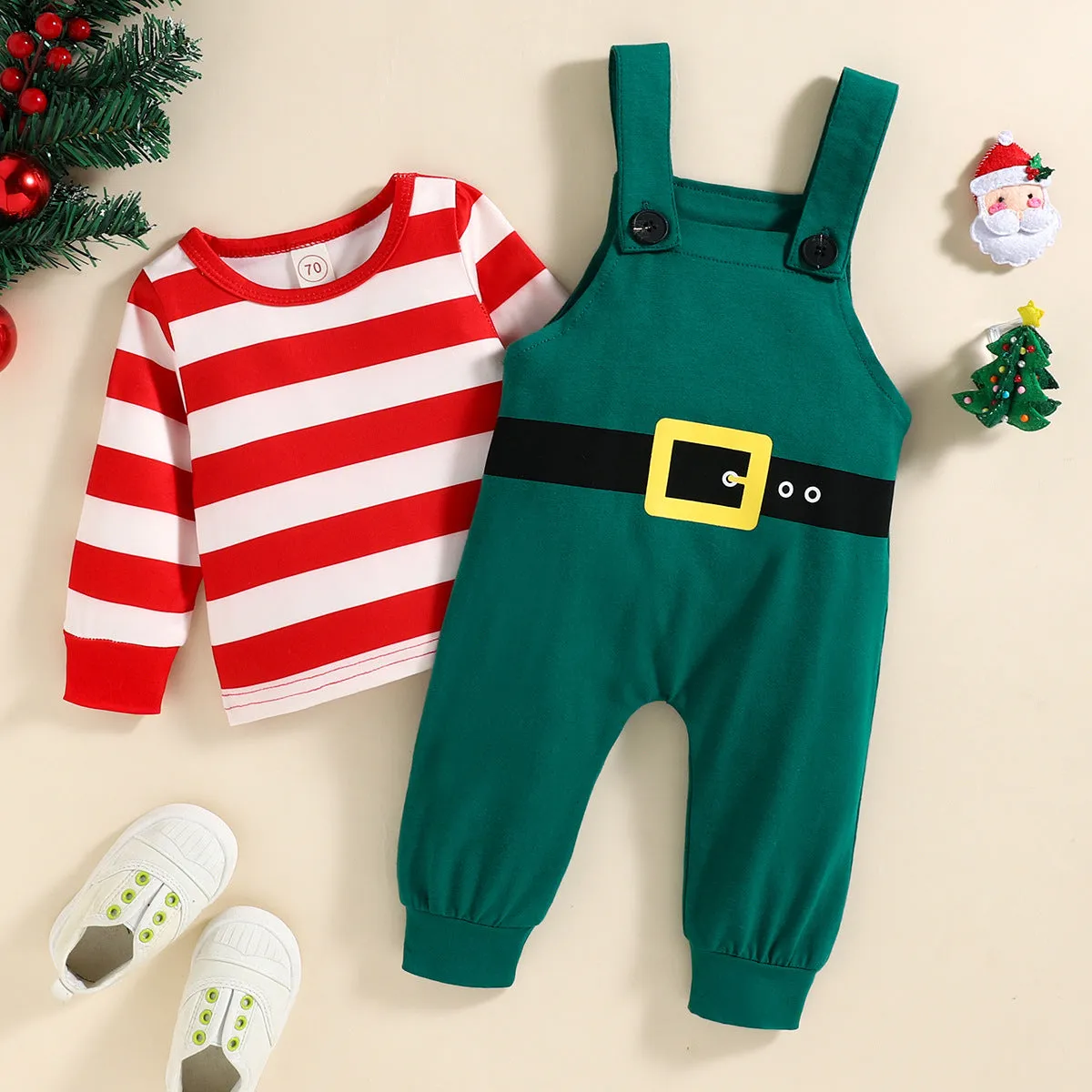Autumn and Winter Baby Boy Christmas Day Cute Striped T   Green Backpack Pants Two-piece Set