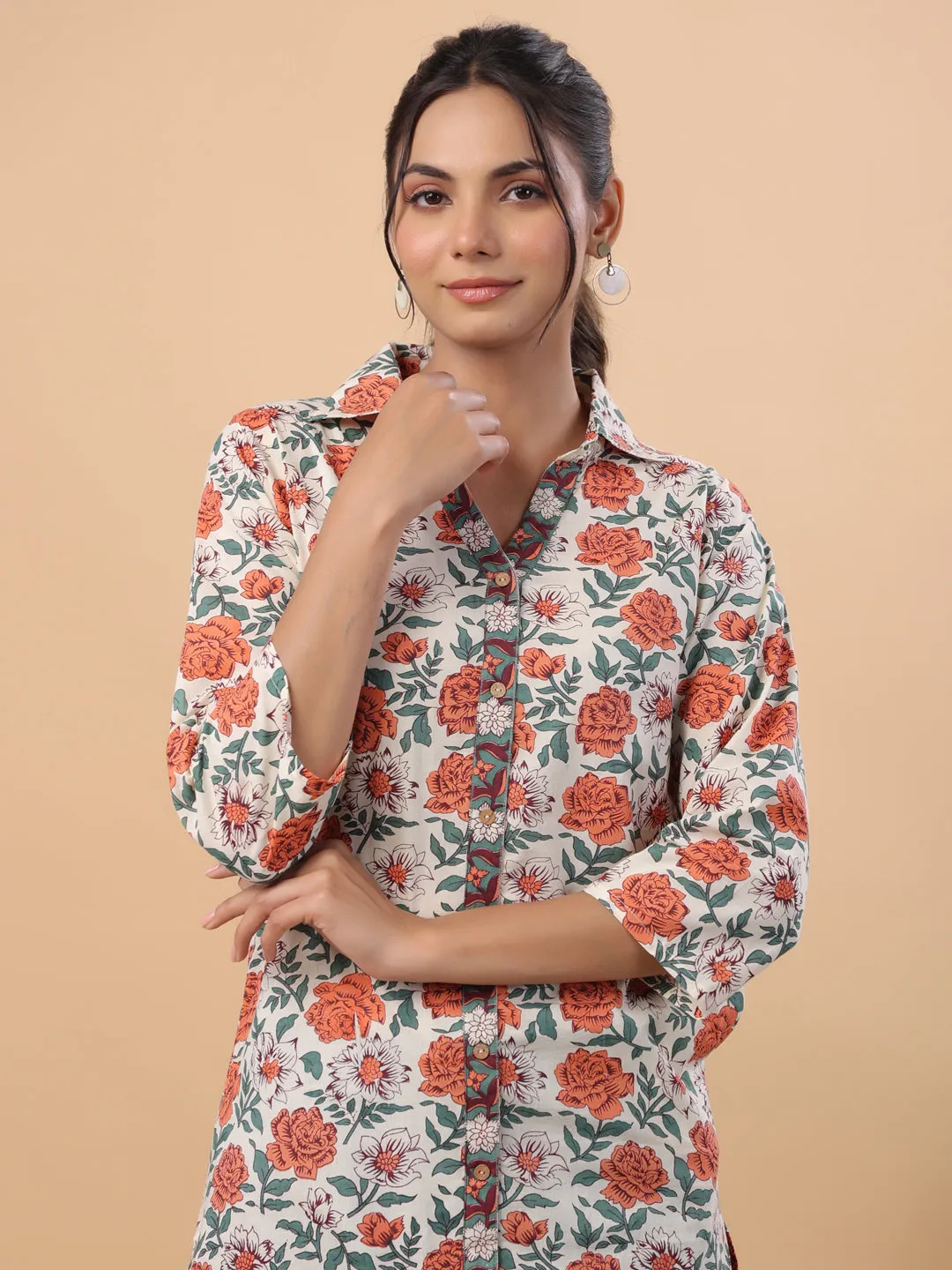 Cream Cotton Floral A-Line Tunic