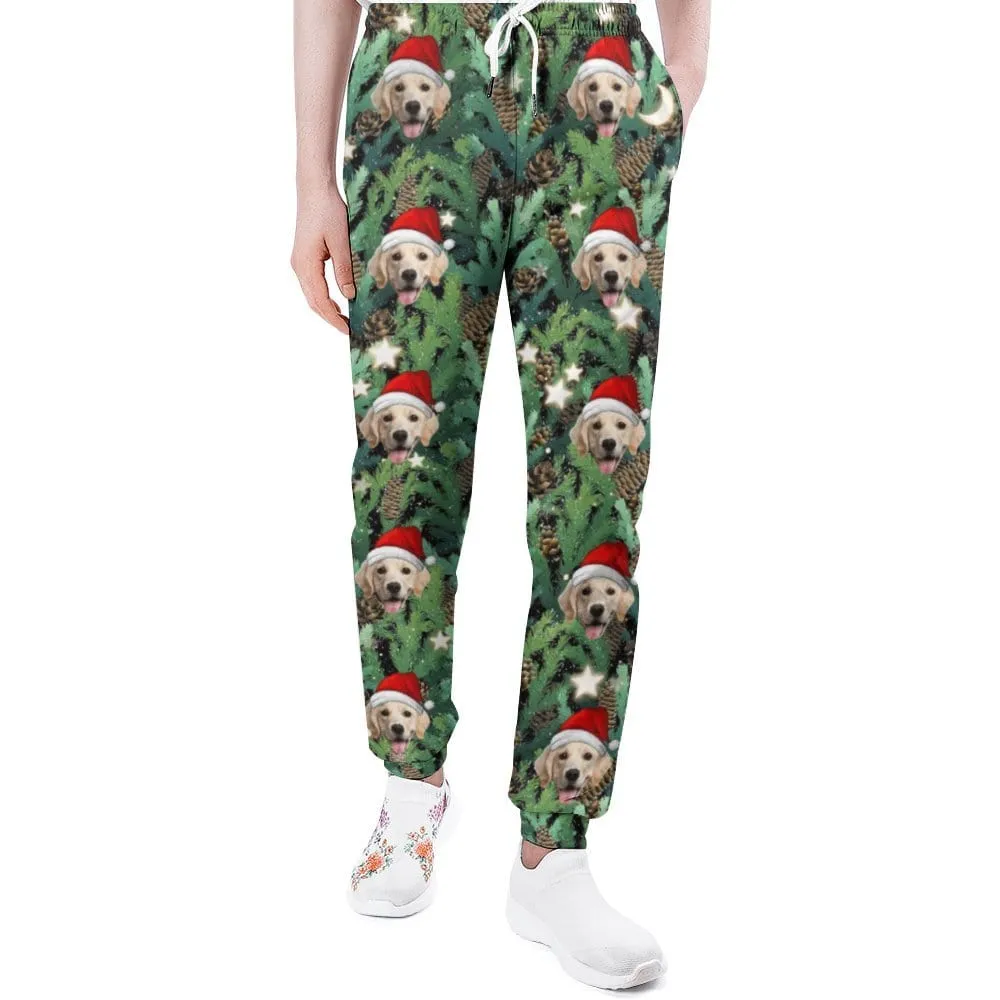 Custom Pet Face Christmas Hat Green Sweatpants Unisex Personalized Closed Bottom Casual Joggers