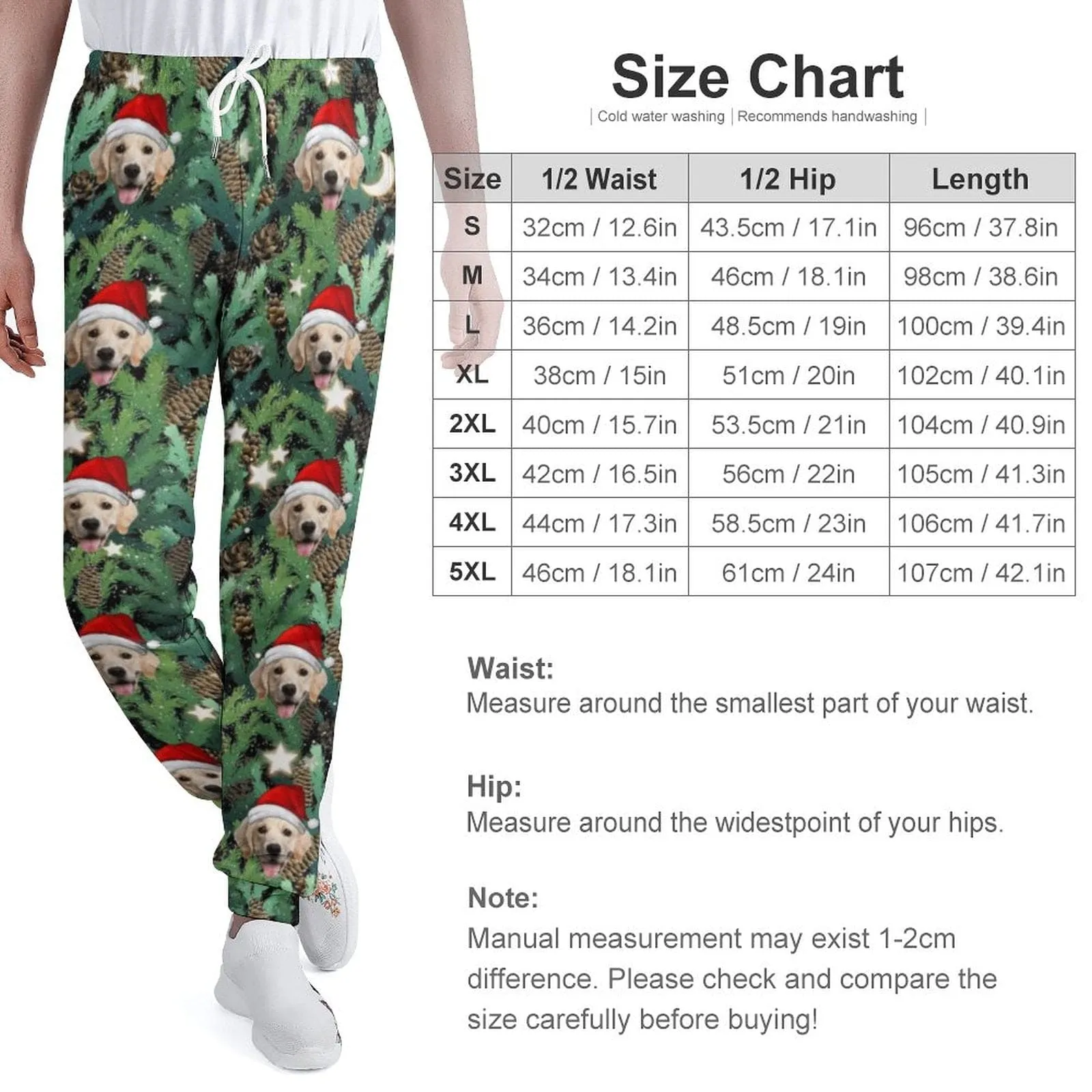 Custom Pet Face Christmas Hat Green Sweatpants Unisex Personalized Closed Bottom Casual Joggers