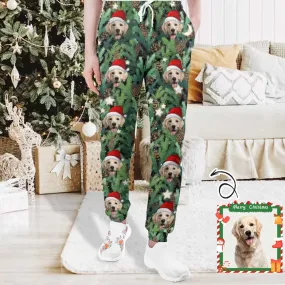Custom Pet Face Christmas Hat Green Sweatpants Unisex Personalized Closed Bottom Casual Joggers