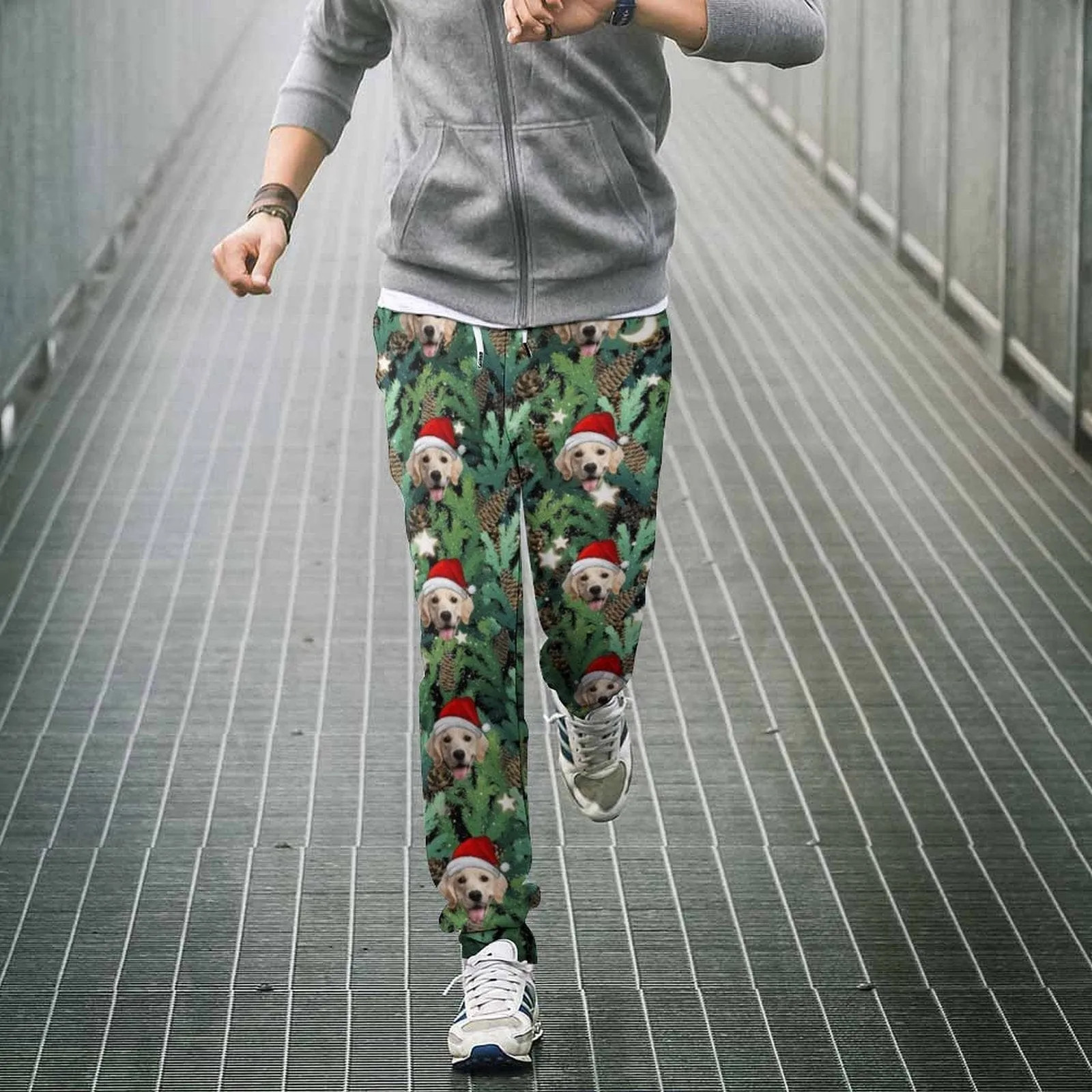 Custom Pet Face Christmas Hat Green Sweatpants Unisex Personalized Closed Bottom Casual Joggers