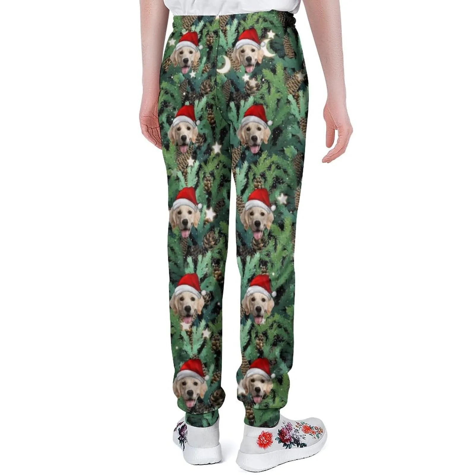 Custom Pet Face Christmas Hat Green Sweatpants Unisex Personalized Closed Bottom Casual Joggers