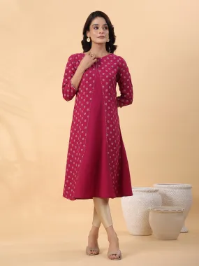 Dark Pink Crepe Floral Printed A-Line Kurta