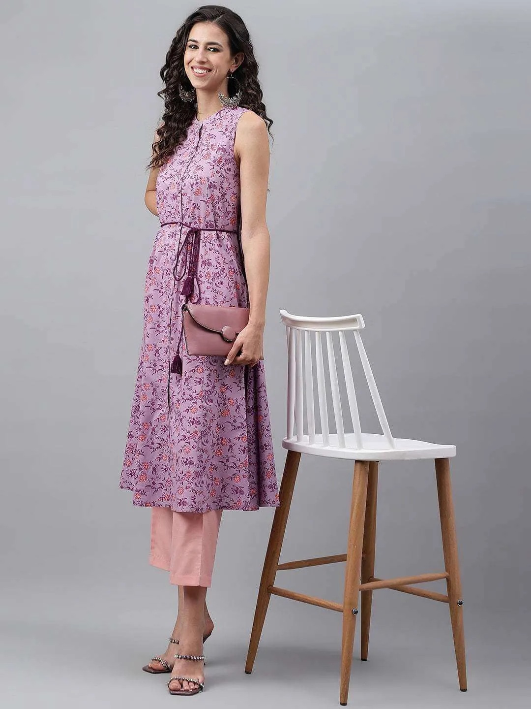 Lavender Cotton Floral Printed A-Line Kurta