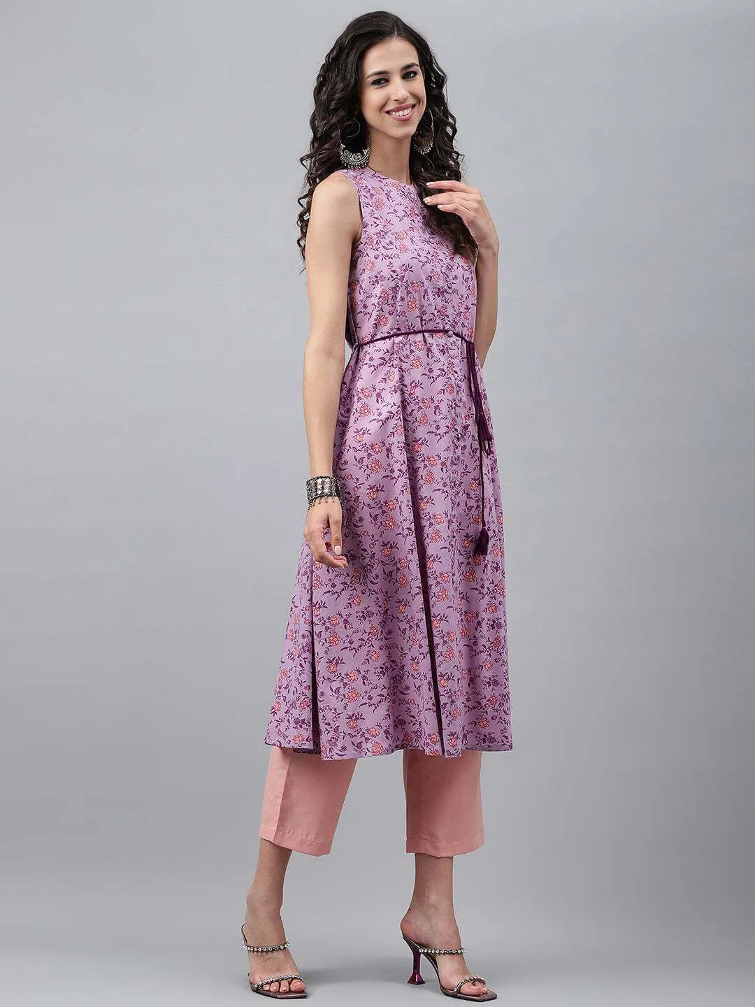 Lavender Cotton Floral Printed A-Line Kurta