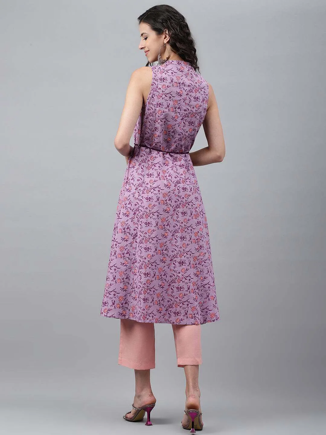 Lavender Cotton Floral Printed A-Line Kurta