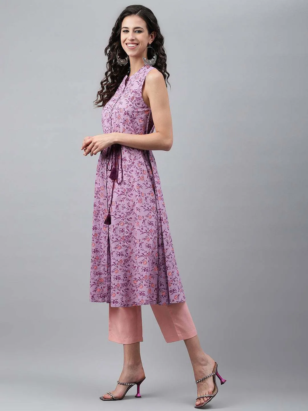 Lavender Cotton Floral Printed A-Line Kurta
