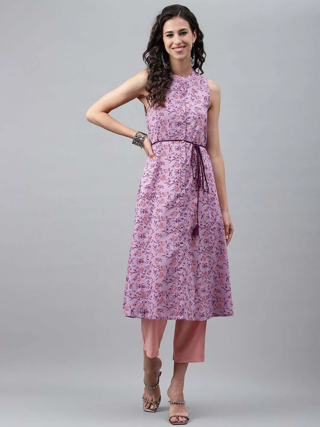 Lavender Cotton Floral Printed A-Line Kurta