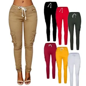 Pencil Lace Up Waist  Multi Pockets Cargo Slim Fit Pants