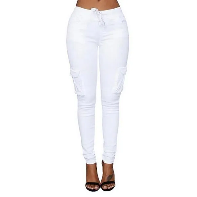 Pencil Lace Up Waist  Multi Pockets Cargo Slim Fit Pants