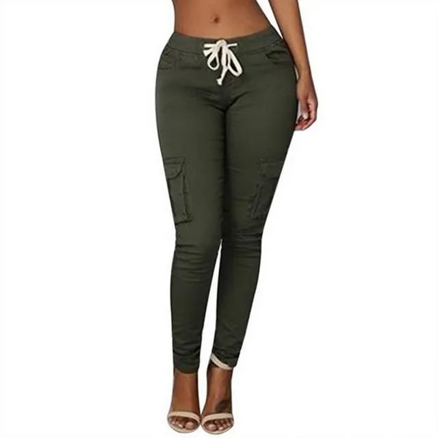 Pencil Lace Up Waist  Multi Pockets Cargo Slim Fit Pants