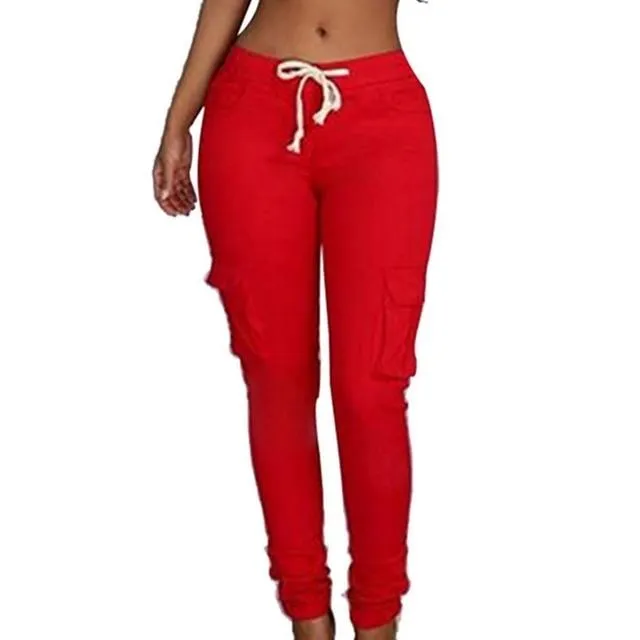 Pencil Lace Up Waist  Multi Pockets Cargo Slim Fit Pants