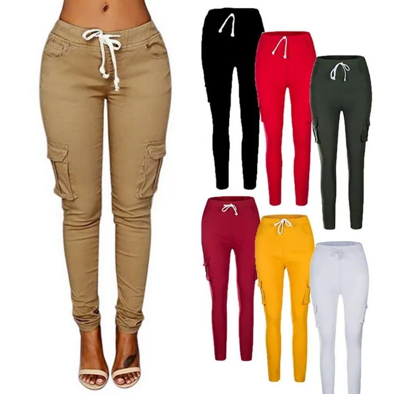 Pencil Lace Up Waist  Multi Pockets Cargo Slim Fit Pants