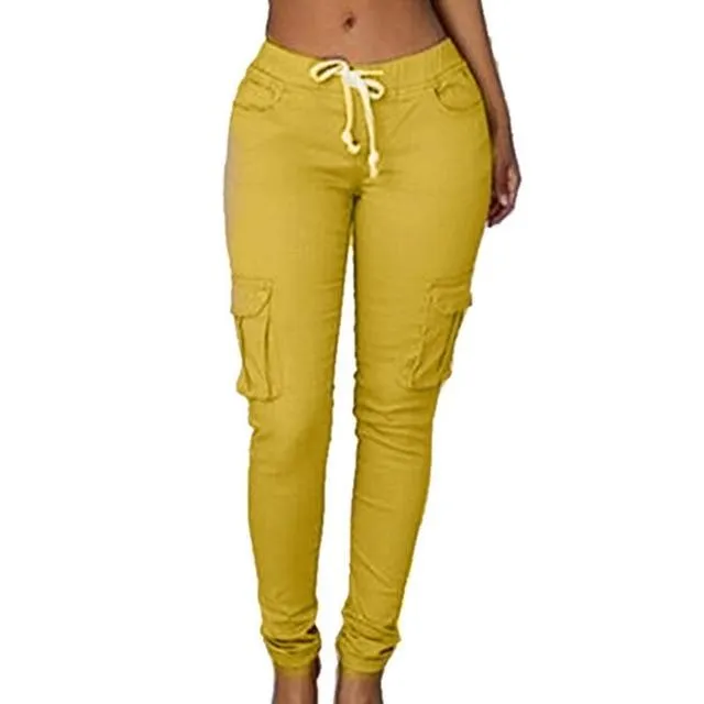 Pencil Lace Up Waist  Multi Pockets Cargo Slim Fit Pants