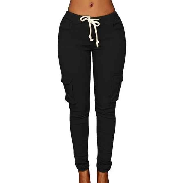 Pencil Lace Up Waist  Multi Pockets Cargo Slim Fit Pants