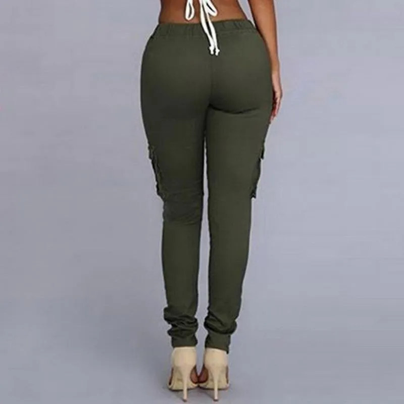 Pencil Lace Up Waist  Multi Pockets Cargo Slim Fit Pants