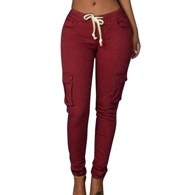 Pencil Lace Up Waist  Multi Pockets Cargo Slim Fit Pants