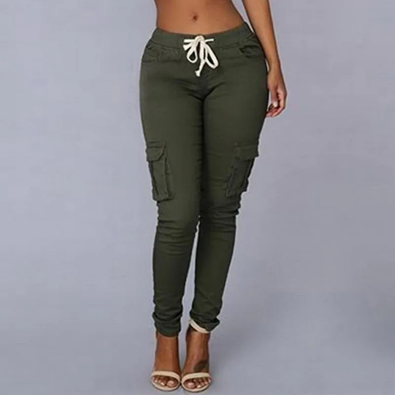 Pencil Lace Up Waist  Multi Pockets Cargo Slim Fit Pants