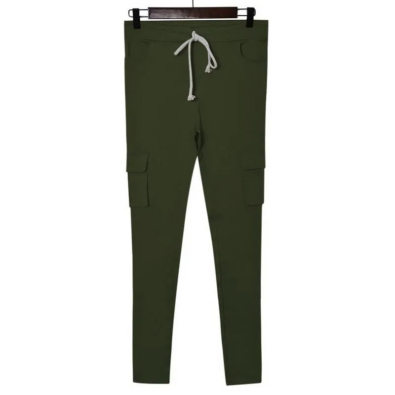 Pencil Lace Up Waist  Multi Pockets Cargo Slim Fit Pants