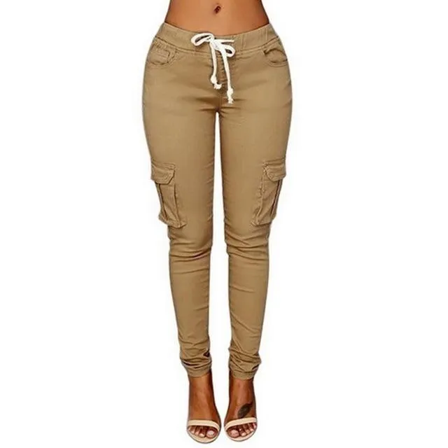 Pencil Lace Up Waist  Multi Pockets Cargo Slim Fit Pants