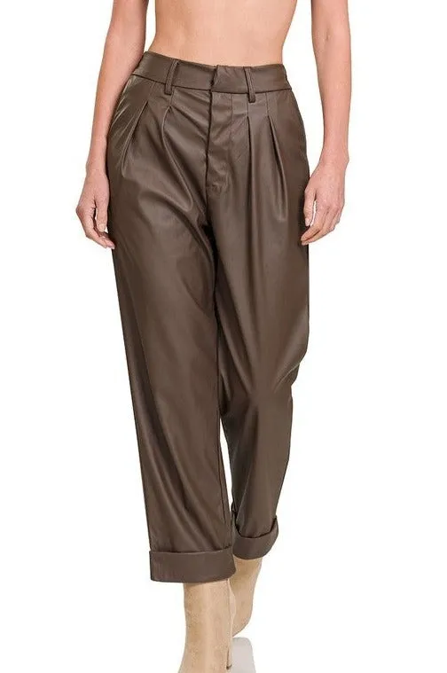 Vegan Leather Pleat Front Pants